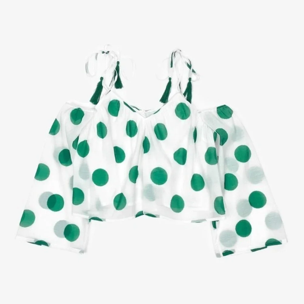 Line & Dot Green Polka‎ Dot Top Size XS White Green Cold Shoulder Flowy Summer
